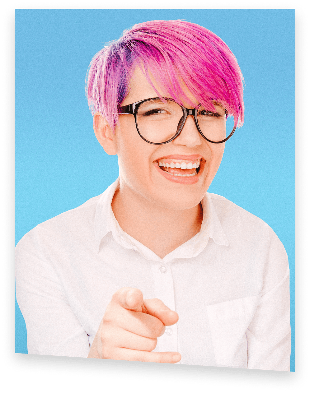 Shmoop student with magenta hair cheerfully pointing at you 